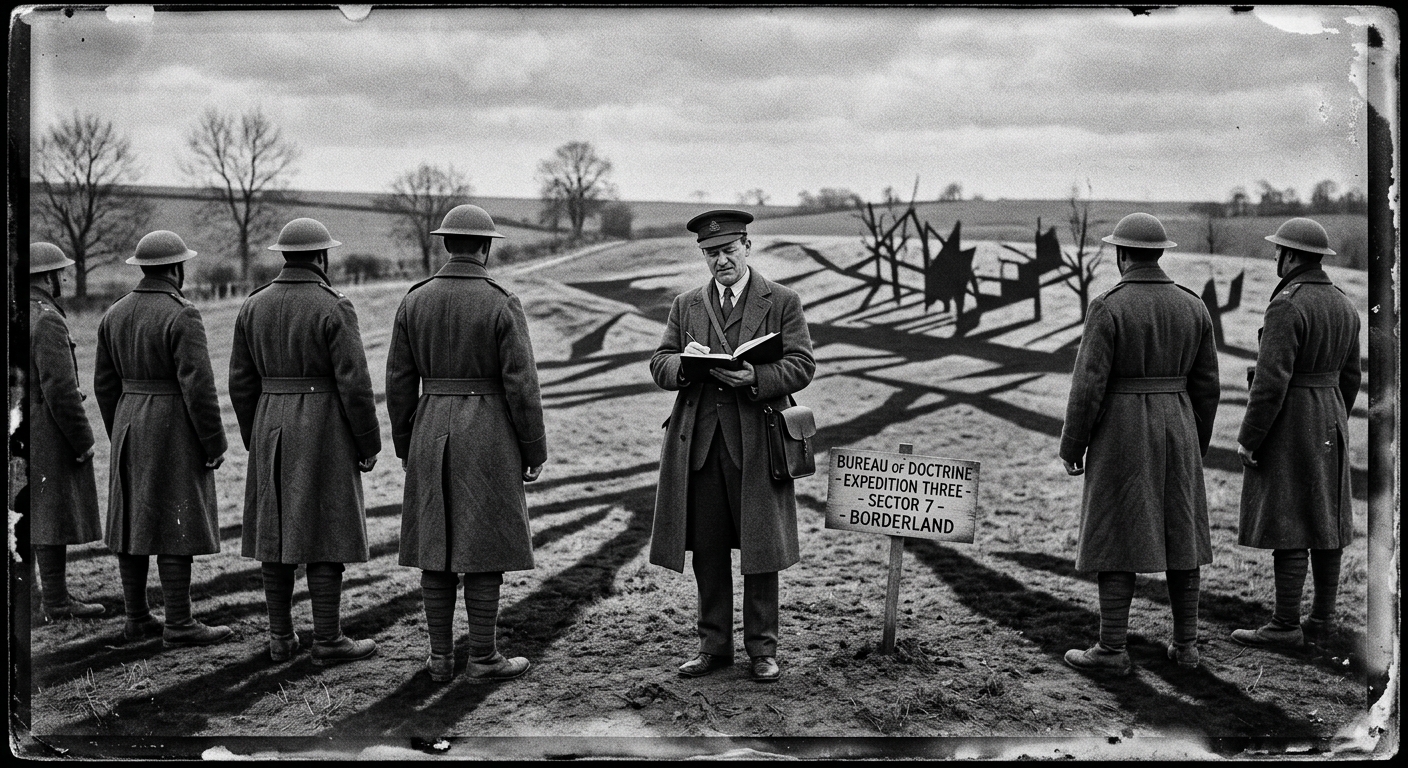 Bureau Expedition Three soldiers at the Shadow Court perimeter, instruments raised, shadows falling in wrong directions