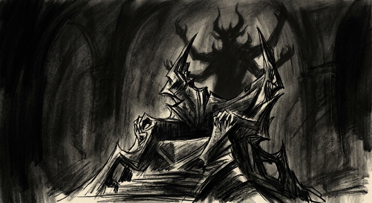 The Black Throne of the Great Deceiver — vast, carved from void-material, the Deceiver's shadow cast upward from the empty seat