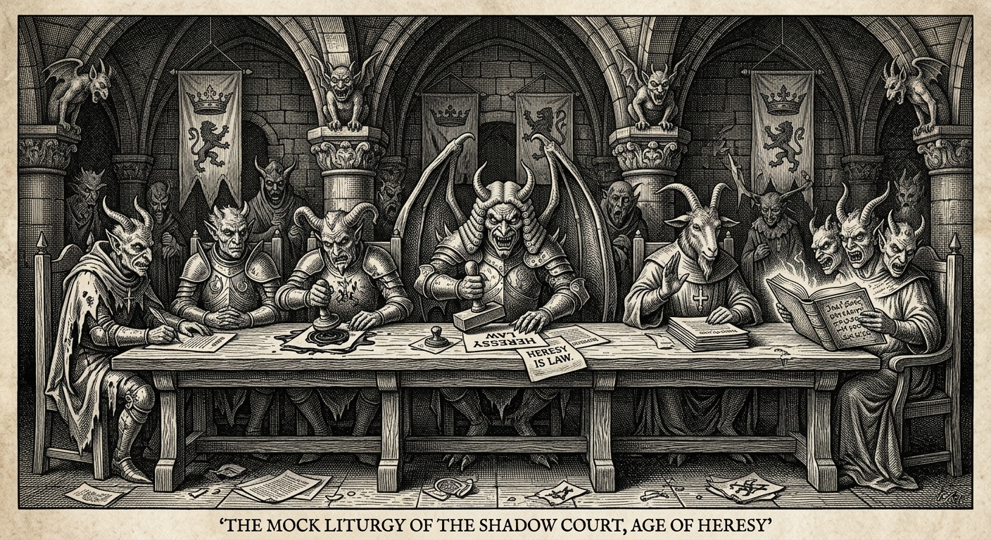 The Mock Liturgy — Seven Sin-Generals at the parody tribunal, documents stamped in inverted ink, banners reversed