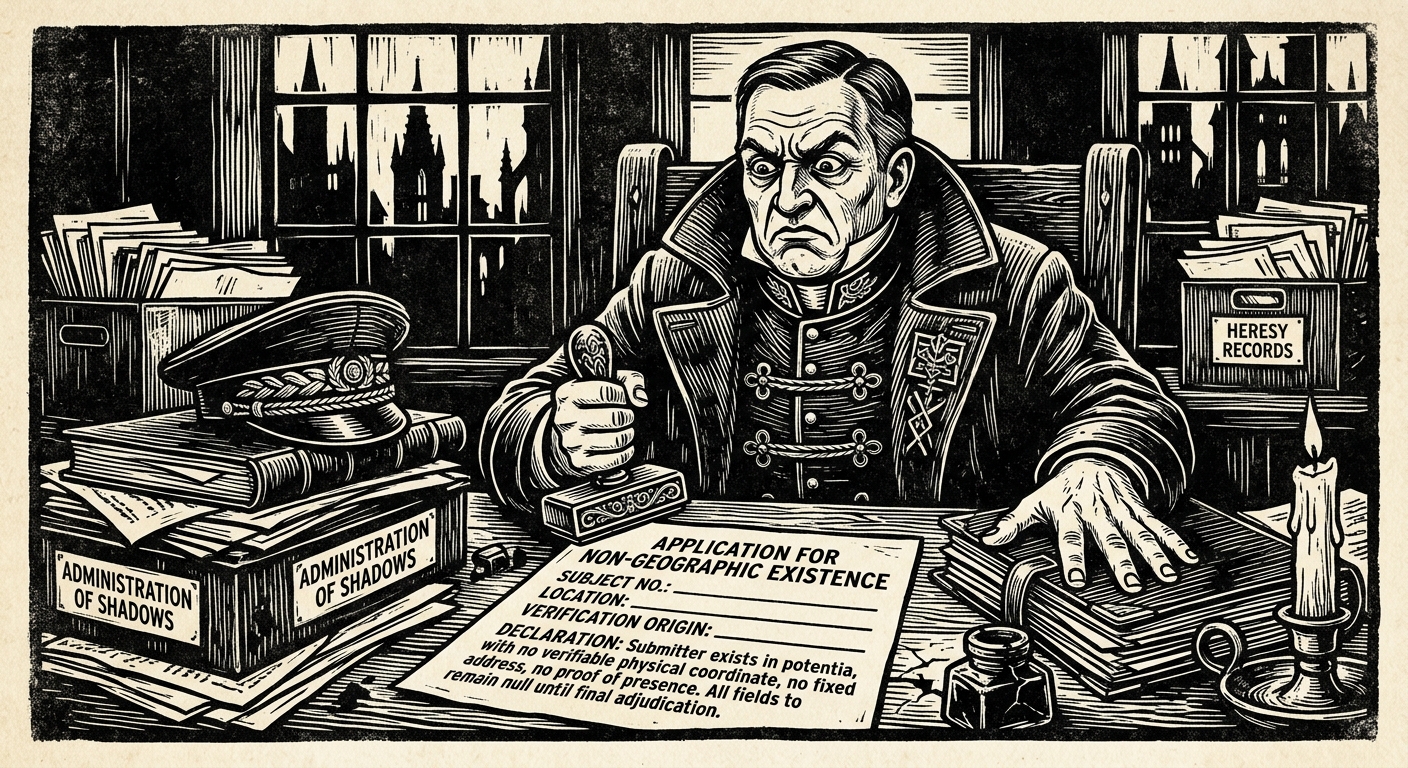 Drax at his desk with the Shadow Court filing form — stamp poised over coordinates listed as Pending, expression of professional indignation
