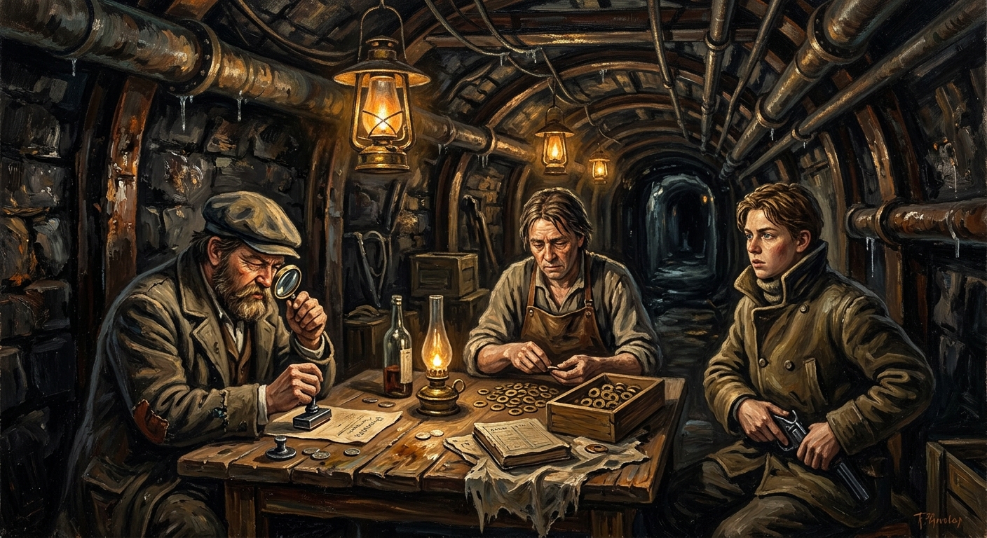 The Underchords upper smuggling corridor in black Carpathian basalt, lamp-lit figures trading counterfeit voice-licenses and gasket-rings at a makeshift table