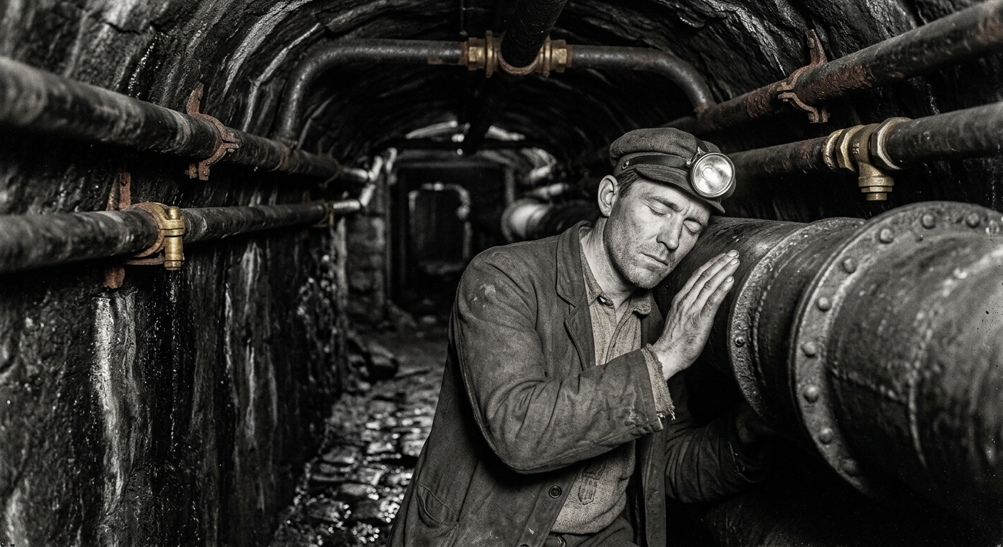 A Cartel courier pressing his ear to an iron waste-water pipe to receive tap-code transmissions in a low basalt corridor