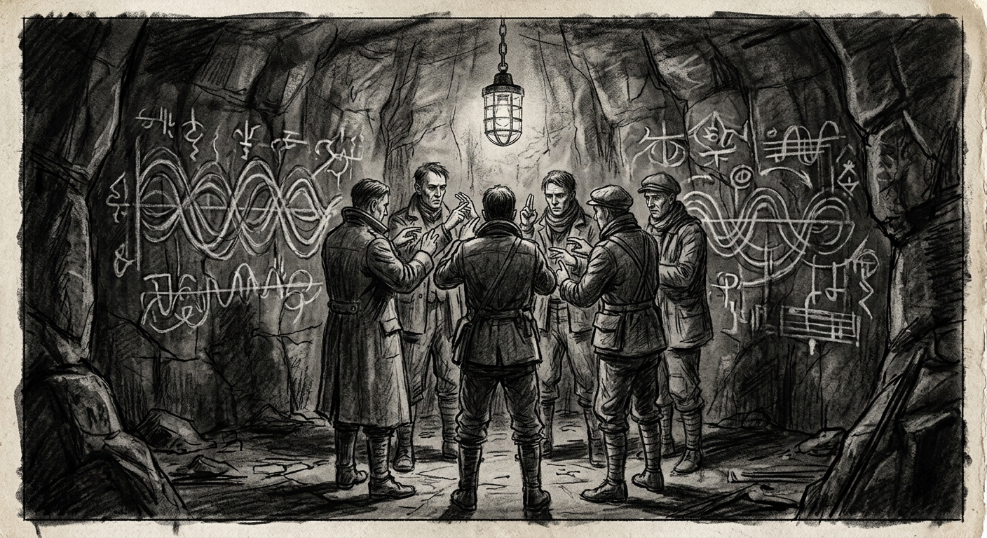 The Counterkey Circle conducting a silent-sign lesson in a sub-grade chamber, forbidden harmonics chalked on the basalt walls