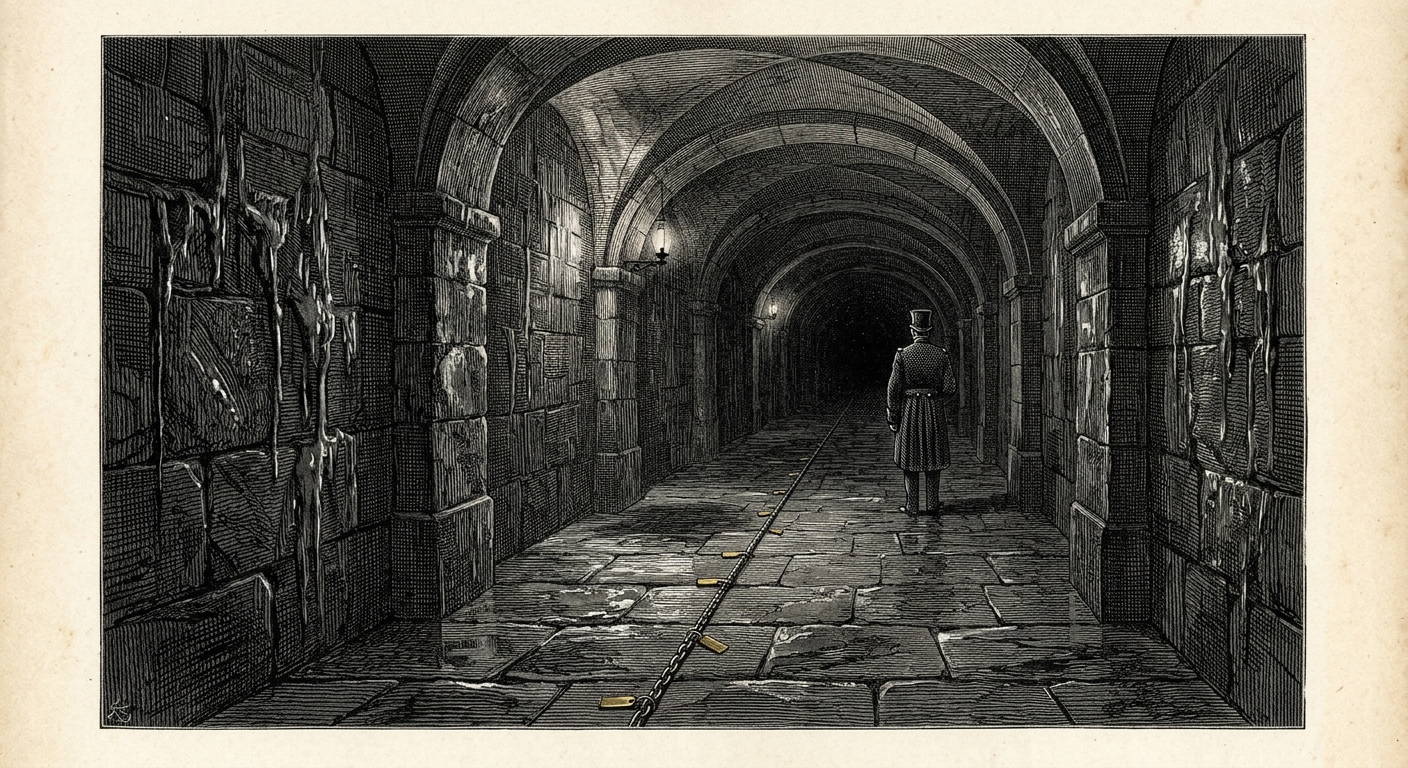 The Dead Gallery stretching impossibly far into darkness, measuring chain on the floor, a Choir Warden figure at the vanishing point facing away