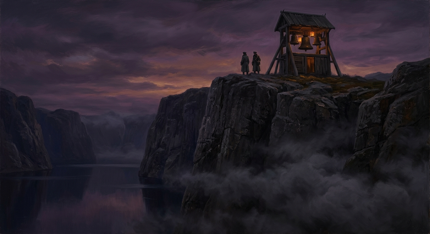 Norwegian fjord at dusk, Watch figures silhouetted on a cliff bell-tower, the Grey pressing against the narrows below