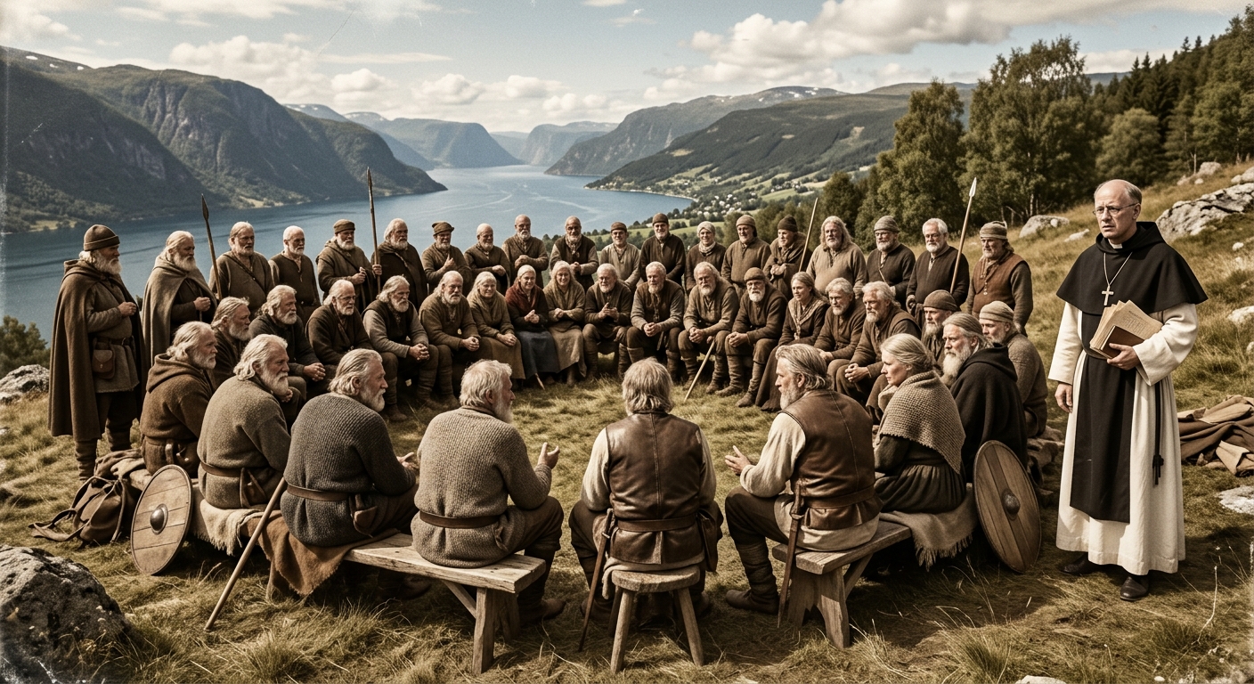 A Norse Clan All-Moot at midsummer, sixty elders in a circle on a fjord-side hillside, a Strasbourg Prior at the edge holding papers