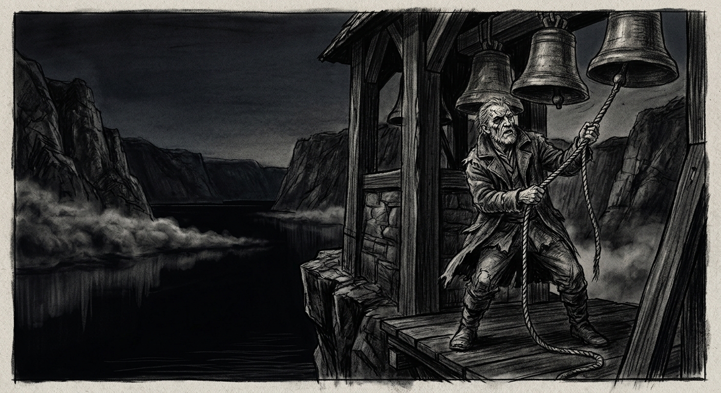 Watch Captain at a cliff bell-tower at night, ringing three bronze bells, the fog stopped at the waterline below