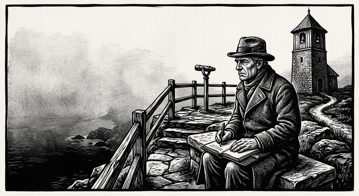 Bureau classifier Aldric Moen at a Norwegian cliff observation post, notebook open, staring at the fog