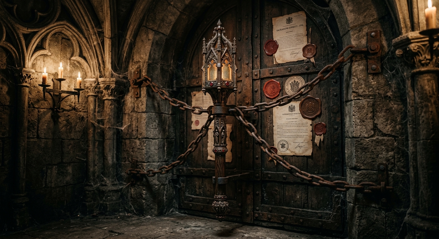 The reliquary mace of Saint Aldebrand chained to a cathedral vault wall, glowing faintly with cold amber light