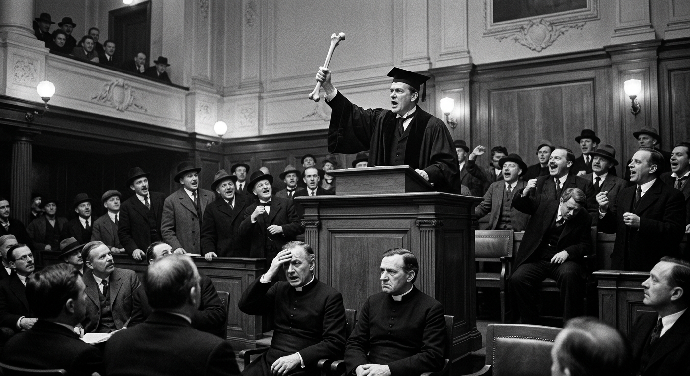 A scholar brandishes a femur before a jeering Amsterdam crowd while two priests sit distressed in the front row