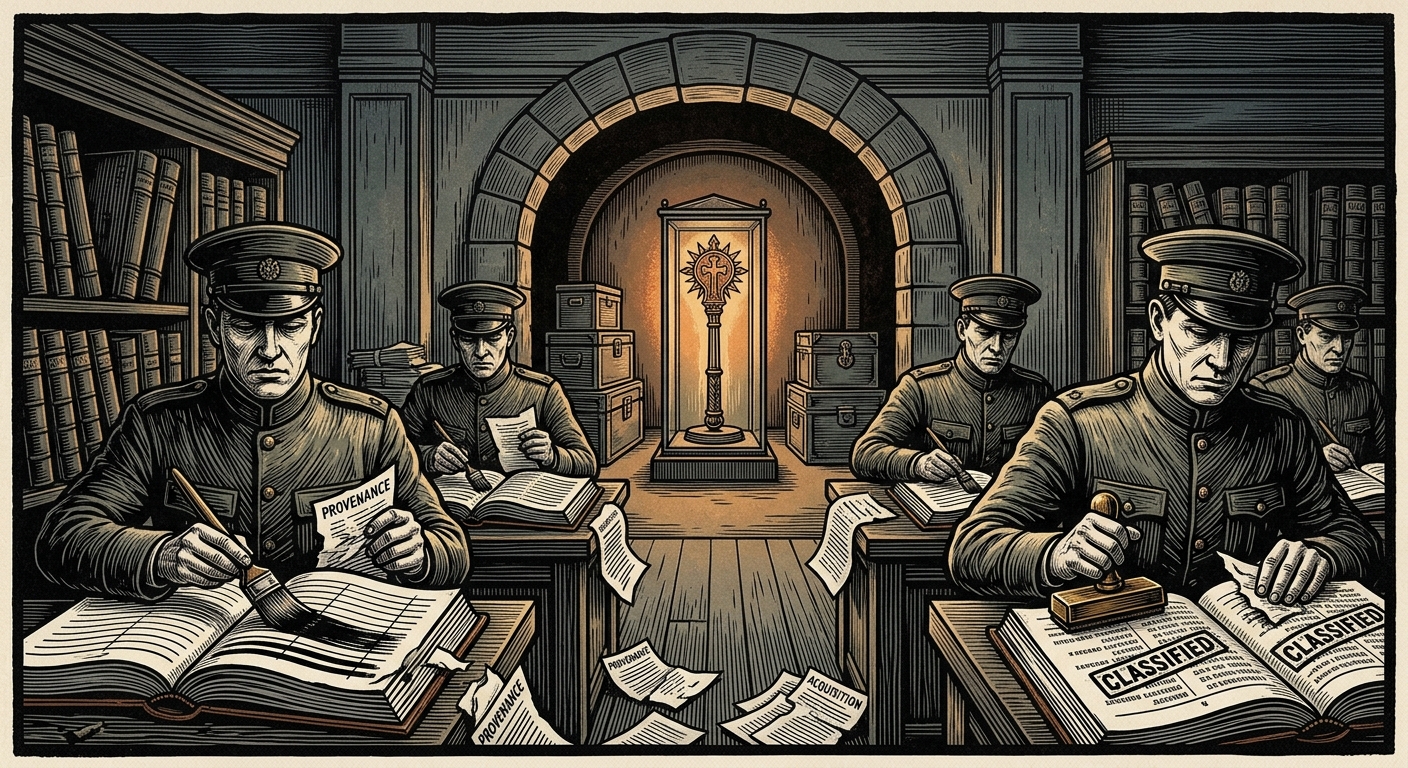 Bureau clerks crossing out inventory entries while the reliquary mace glows undisturbed in the vault behind them