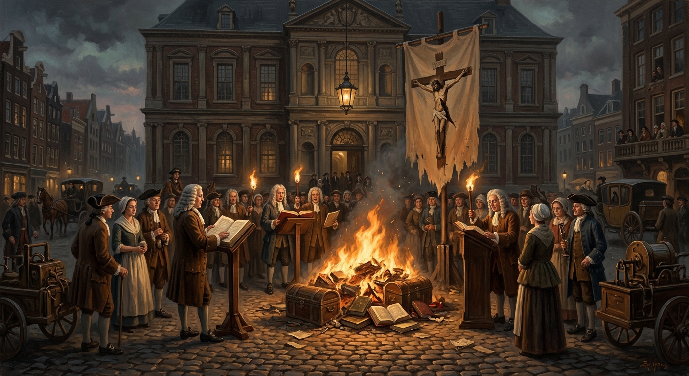 Rationalist bonfire of relics in Amsterdam's public square, academicians at podiums, the Academy behind