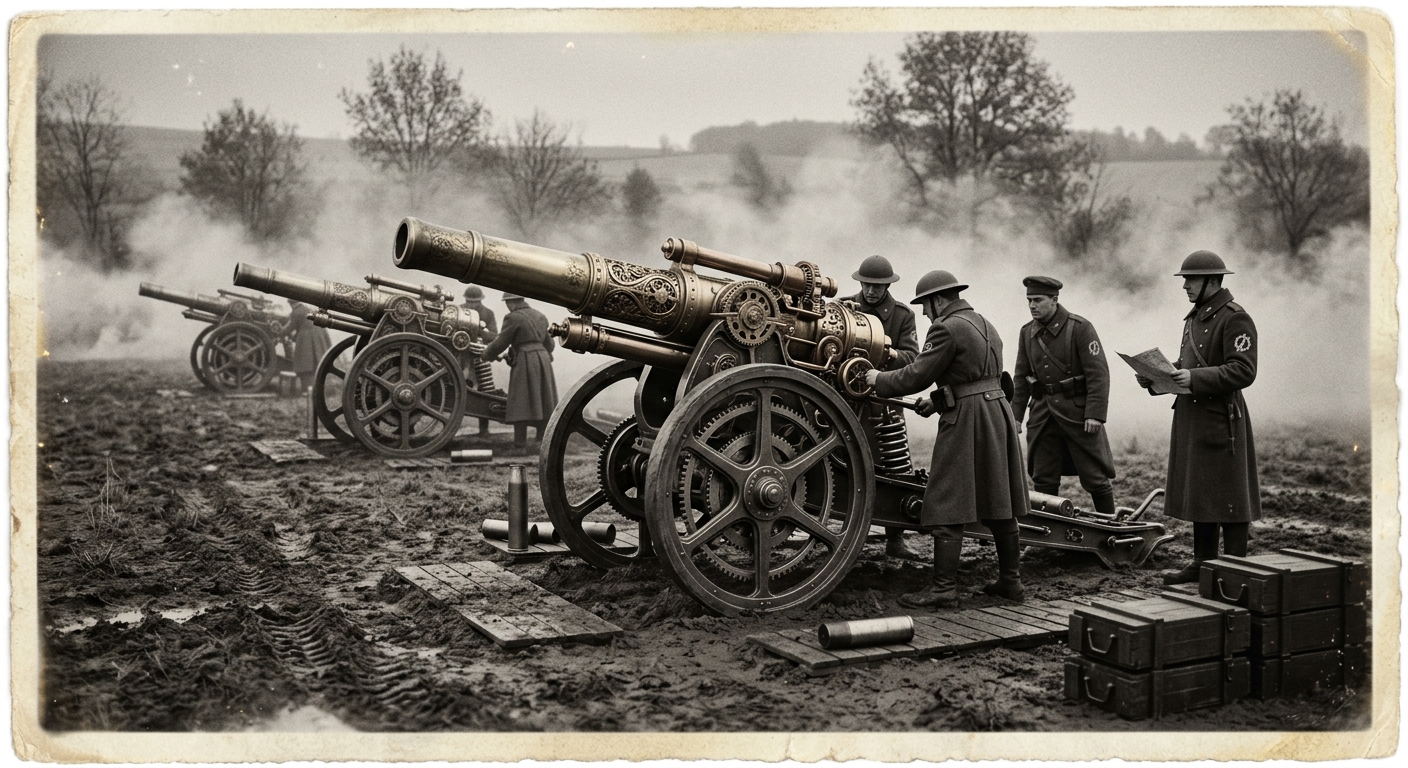 Clockwork artillery on spring-loaded carriages, Republican Guards in formation
