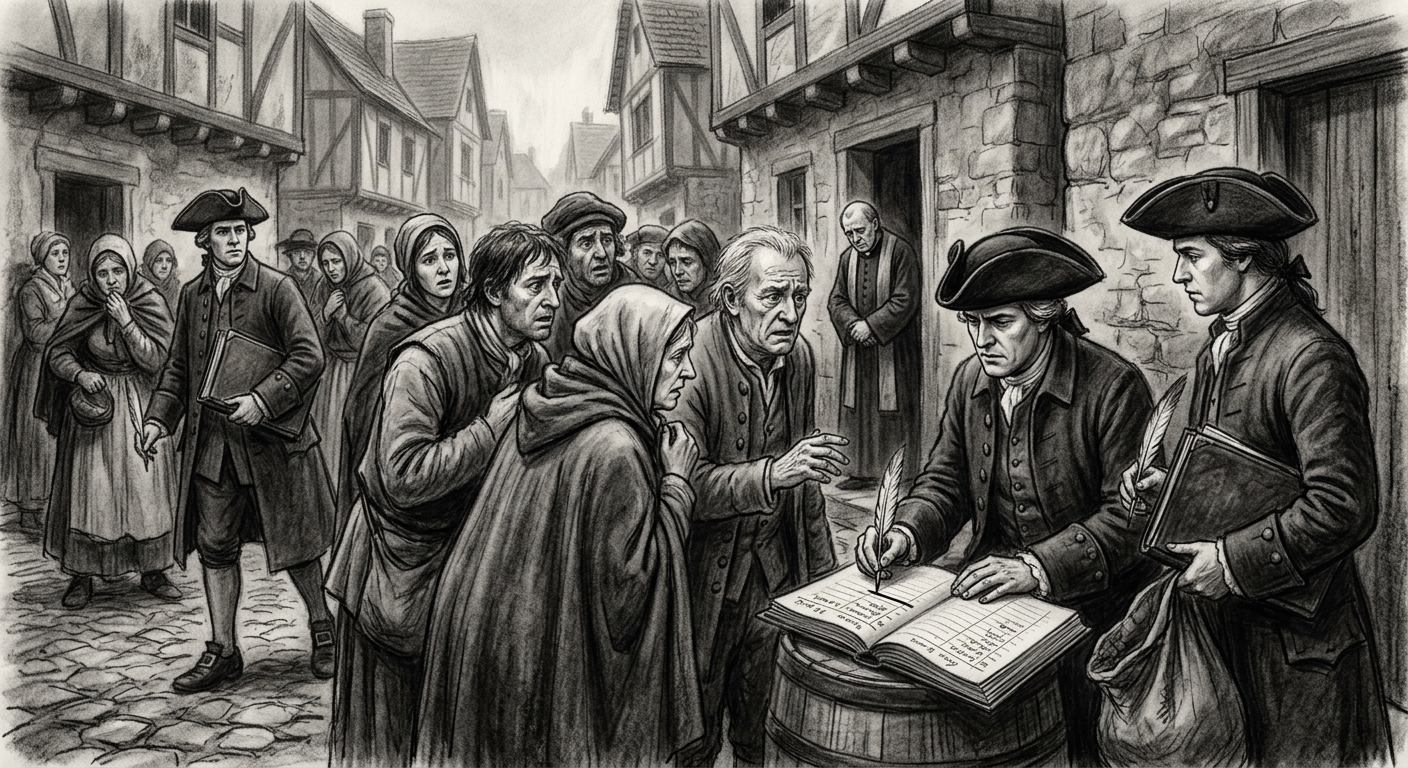First Black Census, census-takers crossing names from ledgers in a village square