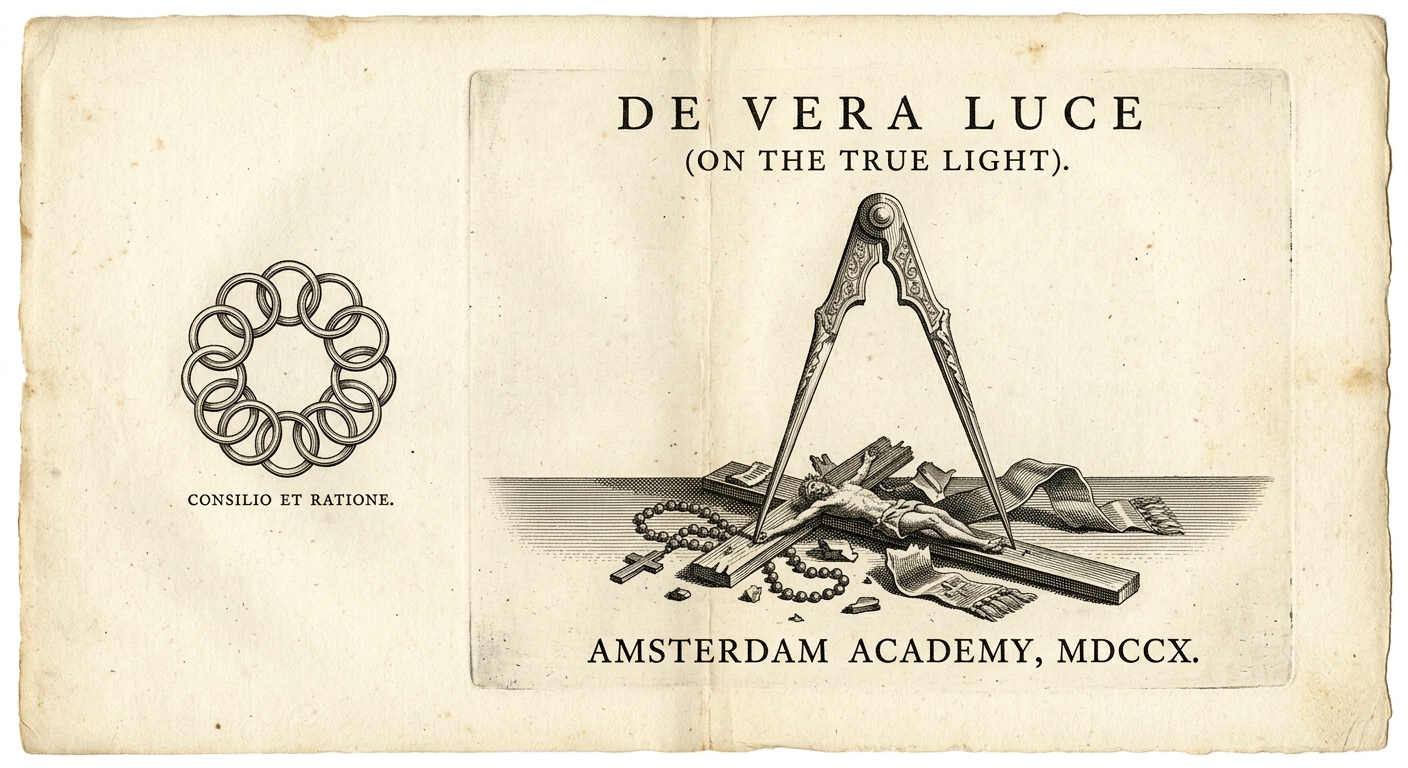 De Vera Luce frontispiece, compass crushing a cross, the Council's nine-ring seal