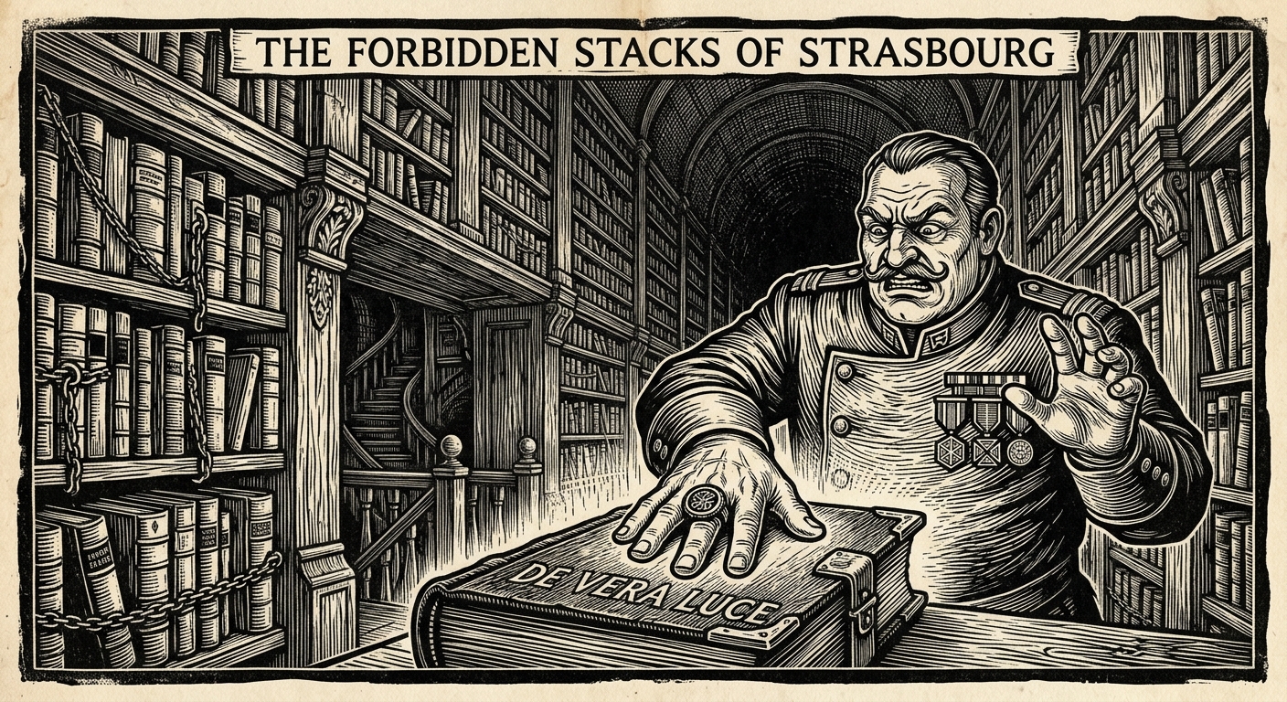 Drax in the Forbidden Stacks pressing gloved hand to a warm copy of De Vera Luce