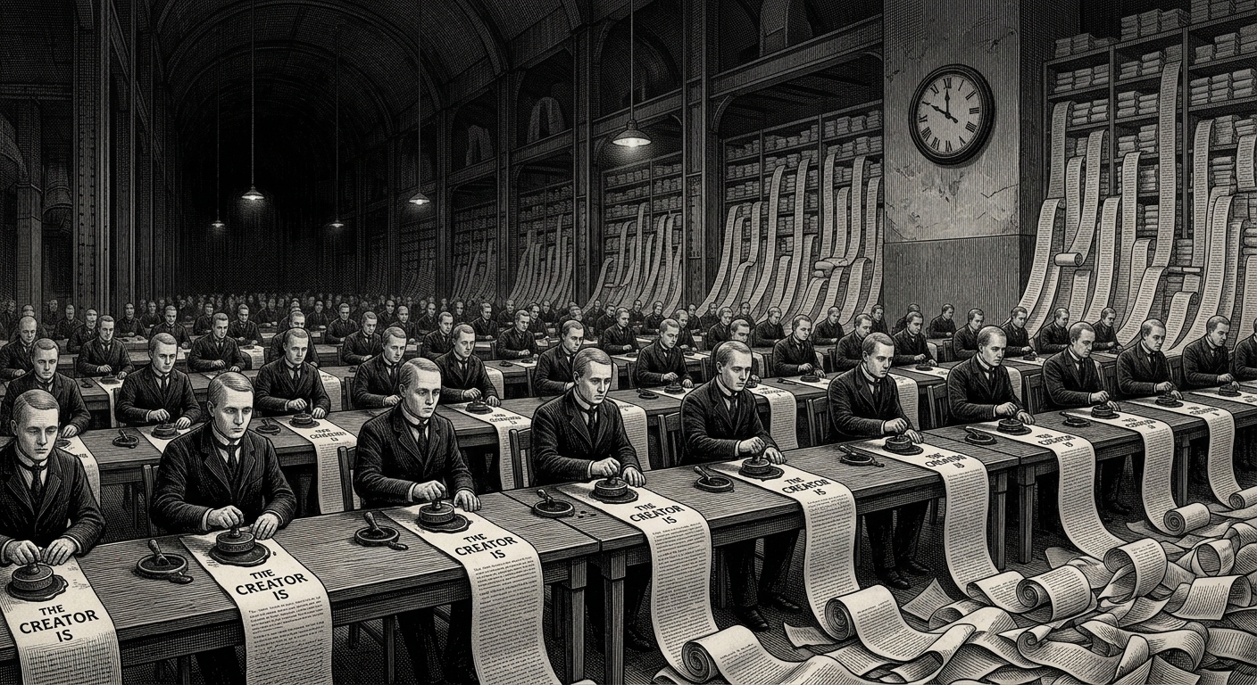 Rows of Bureau of Doctrine clerks pressing THE CREATOR IS seals onto endless scrolls in a vast stamping hall
