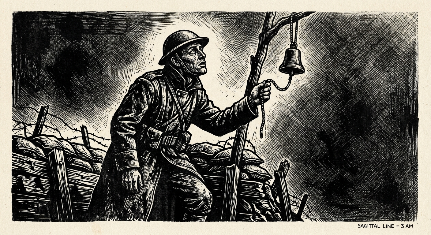 A lone soldier at the Sagittal Line at 3am, face tilted skyward in fog, one hand on the bell rope, no answer coming