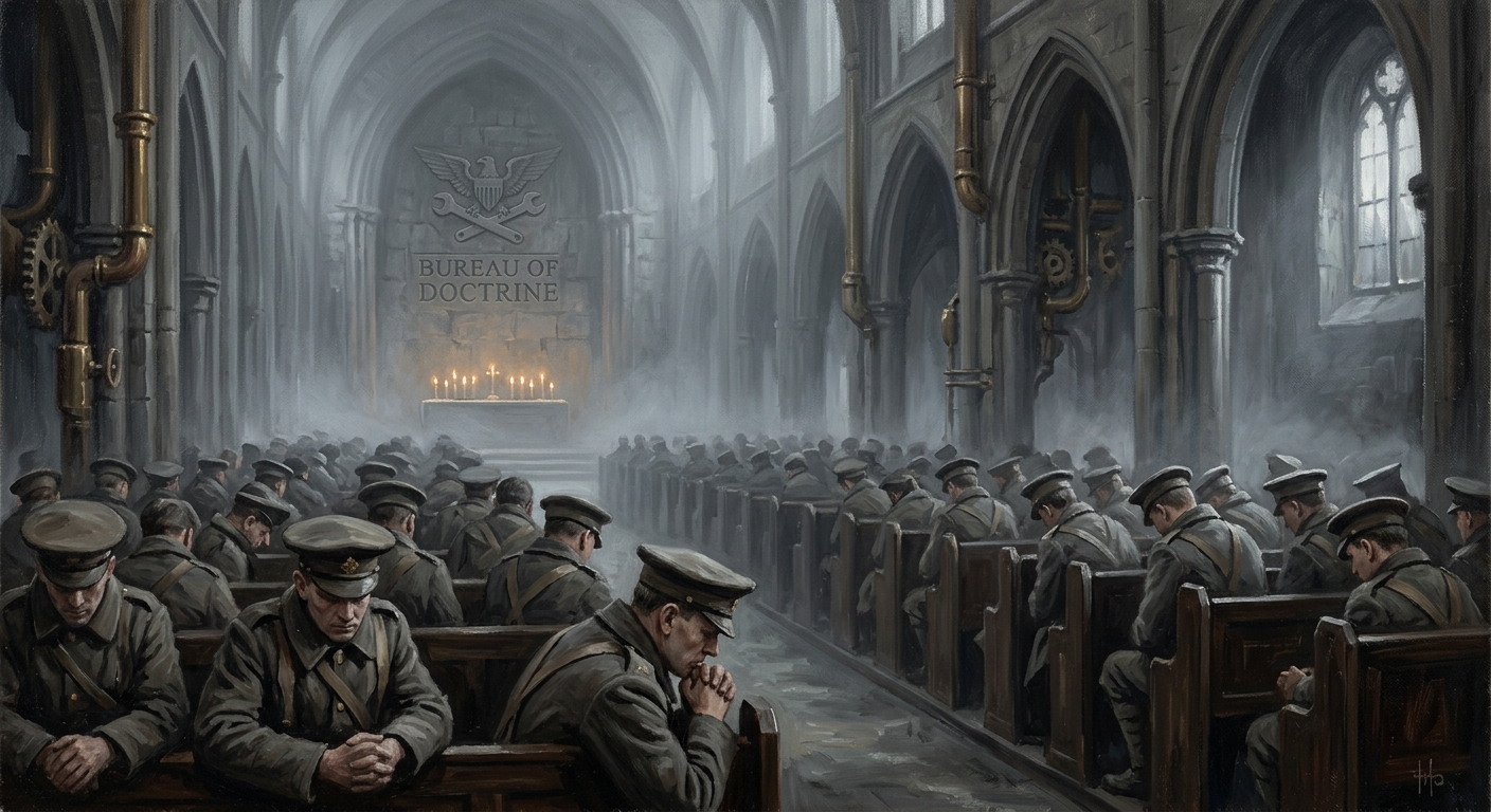 A vast cathedral nave in fog, candles burning before an empty altar, Bureau of Doctrine seal carved overhead, soldiers in the pews waiting in silence