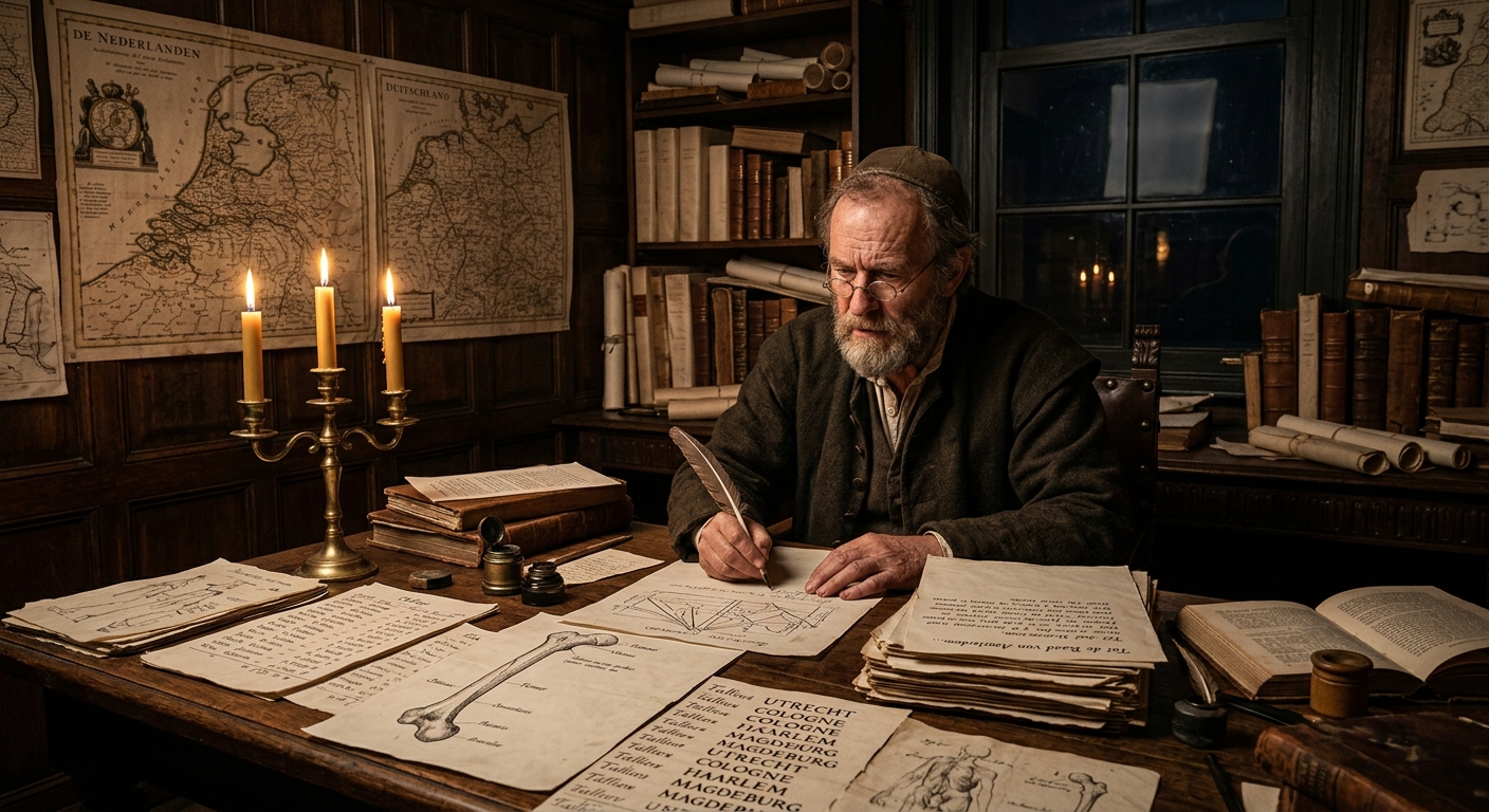 Van Hoorn bent over his bone-census table in candlelit Amsterdam, the letters half-composed beside him