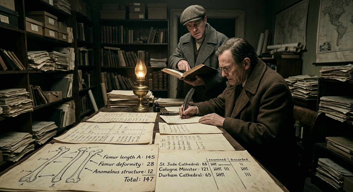 The Bone Census table covered in tallies of femurs arranged by cathedral