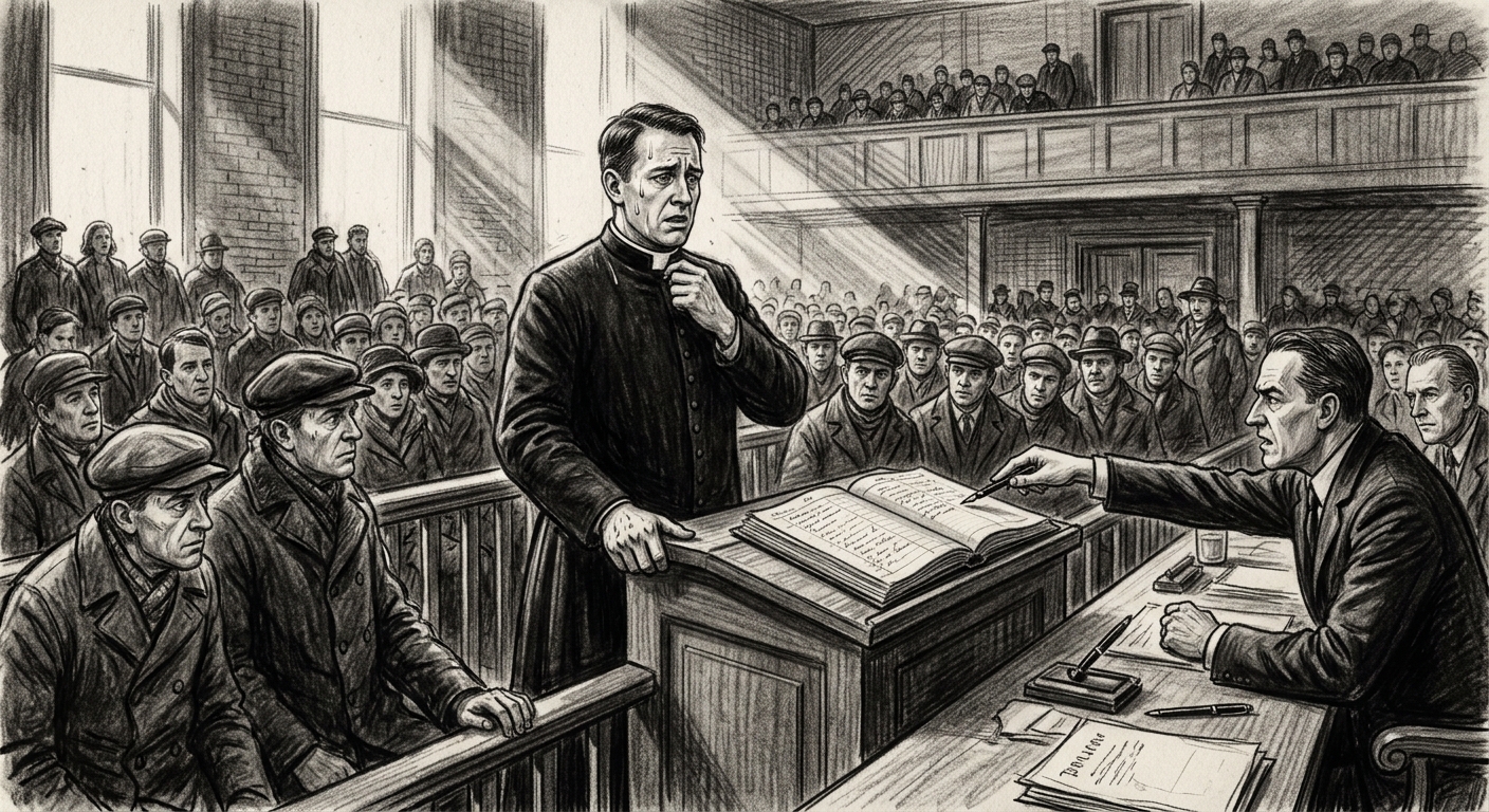 A priest at a municipal court interrogation, facing hostile questioners over an open ledger