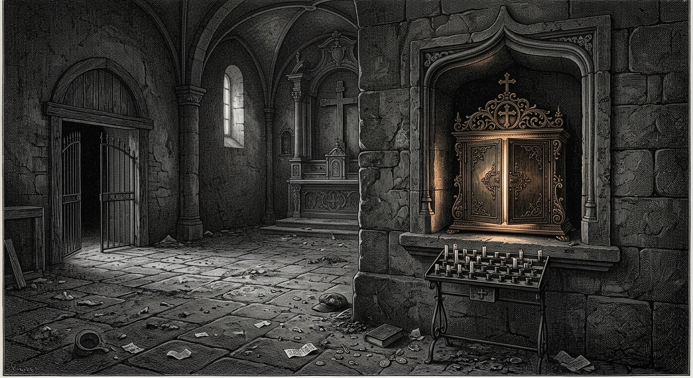 An abandoned Aldebrand pilgrimage chapel, reliquary glowing faintly in the empty interior