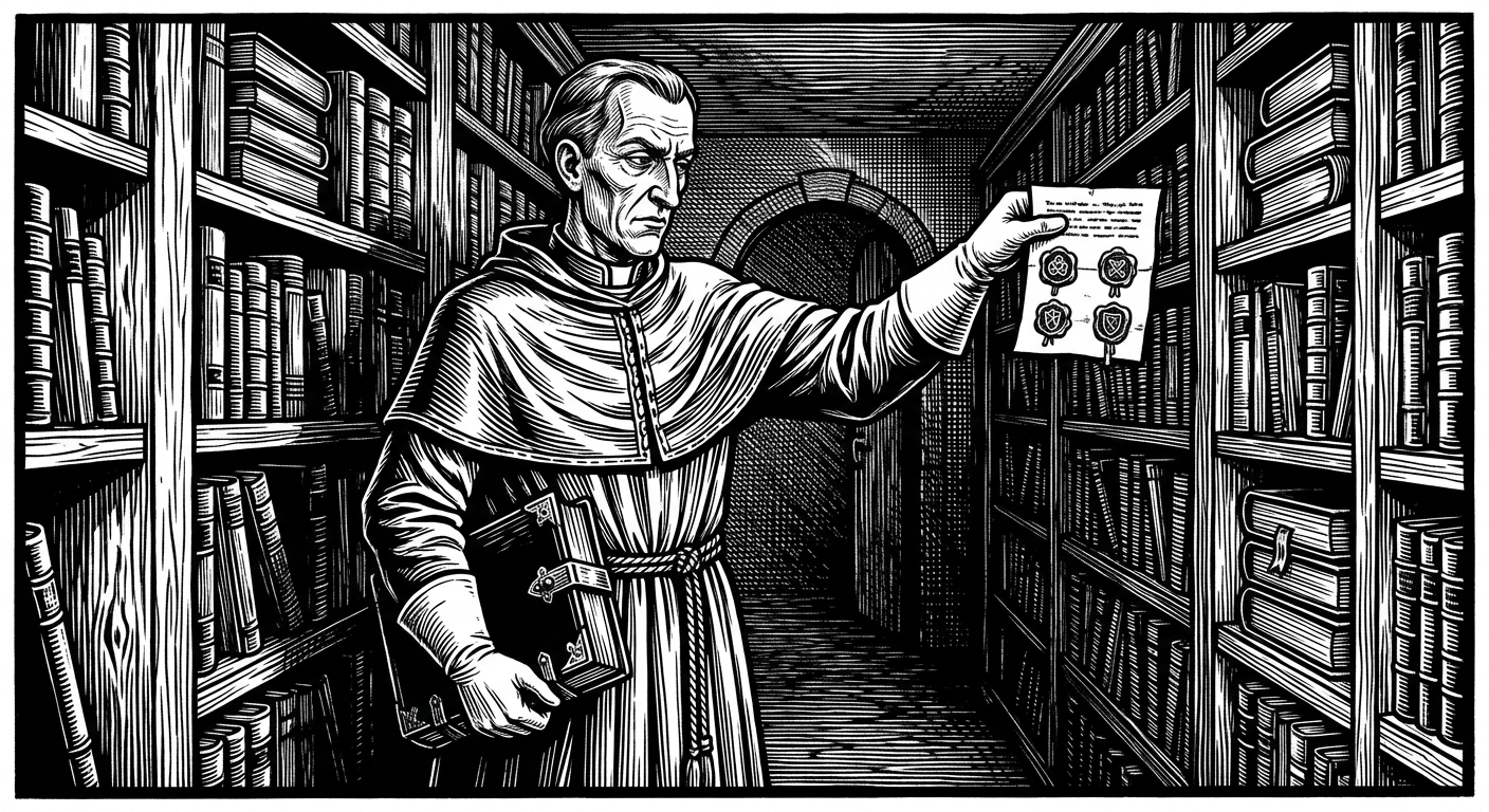 Drax in the Forbidden Stacks holding Van Hoorn's sealed correspondence at arm's length