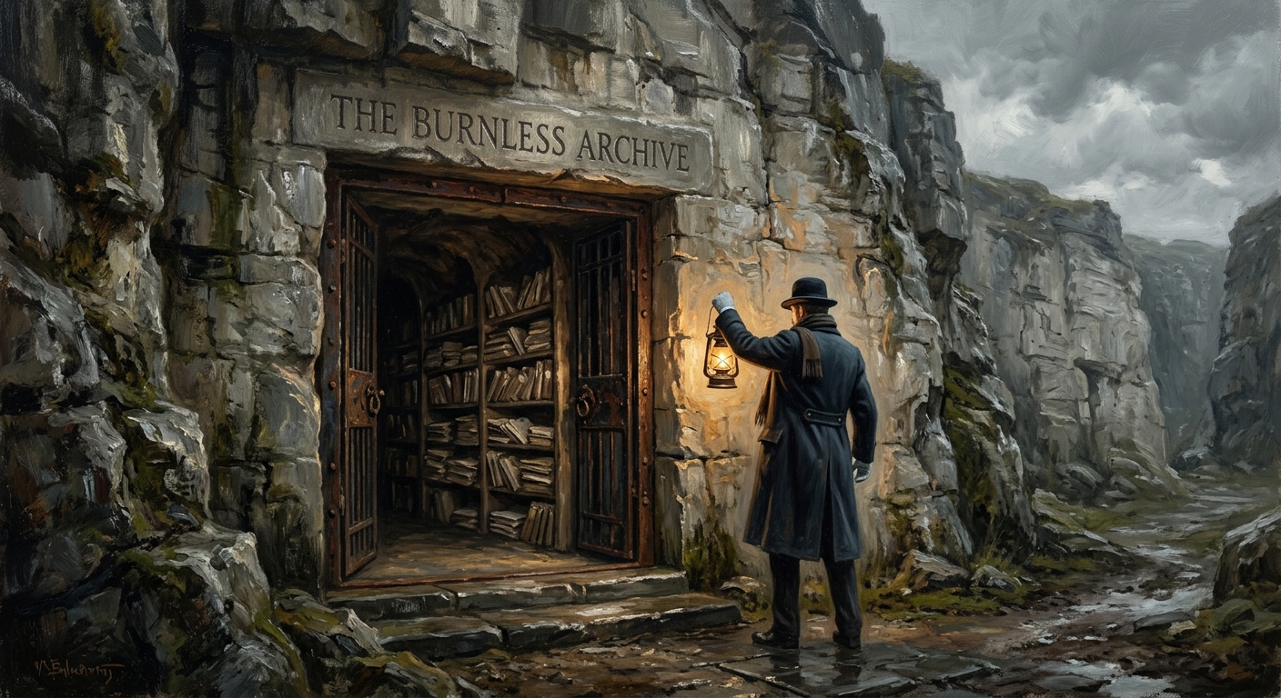 The Burnless Archive entrance set into a limestone cutbank, a figure in cotton gloves at the iron door, lantern light spilling onto document shelves beyond