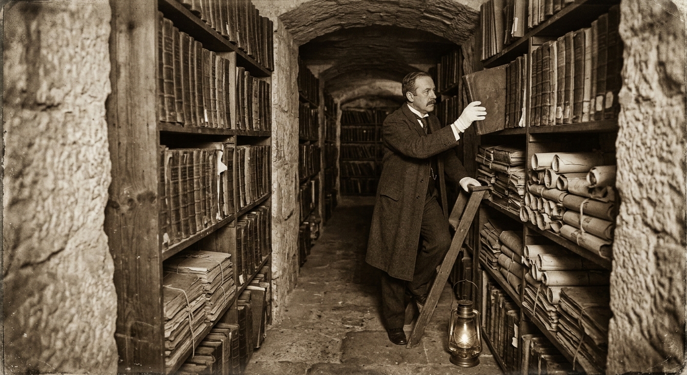 A Paper Keeper in white cotton gloves reaching toward archive shelves in a limestone corridor, lantern at their feet, the shelves stretching beyond the light