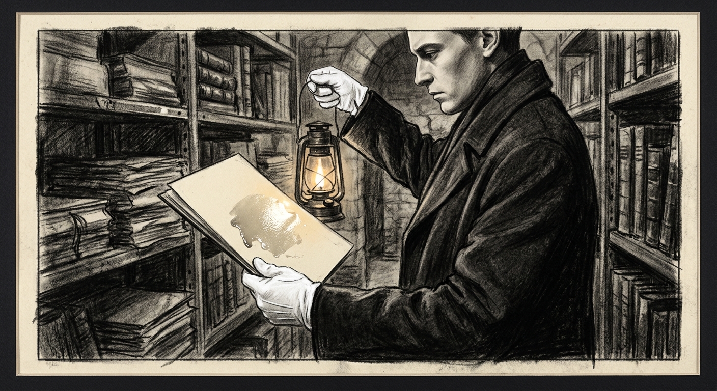 A figure in white cotton gloves holds a blank folio up to lantern light, the ink gleaming wet on the empty page, archive shelves dim behind