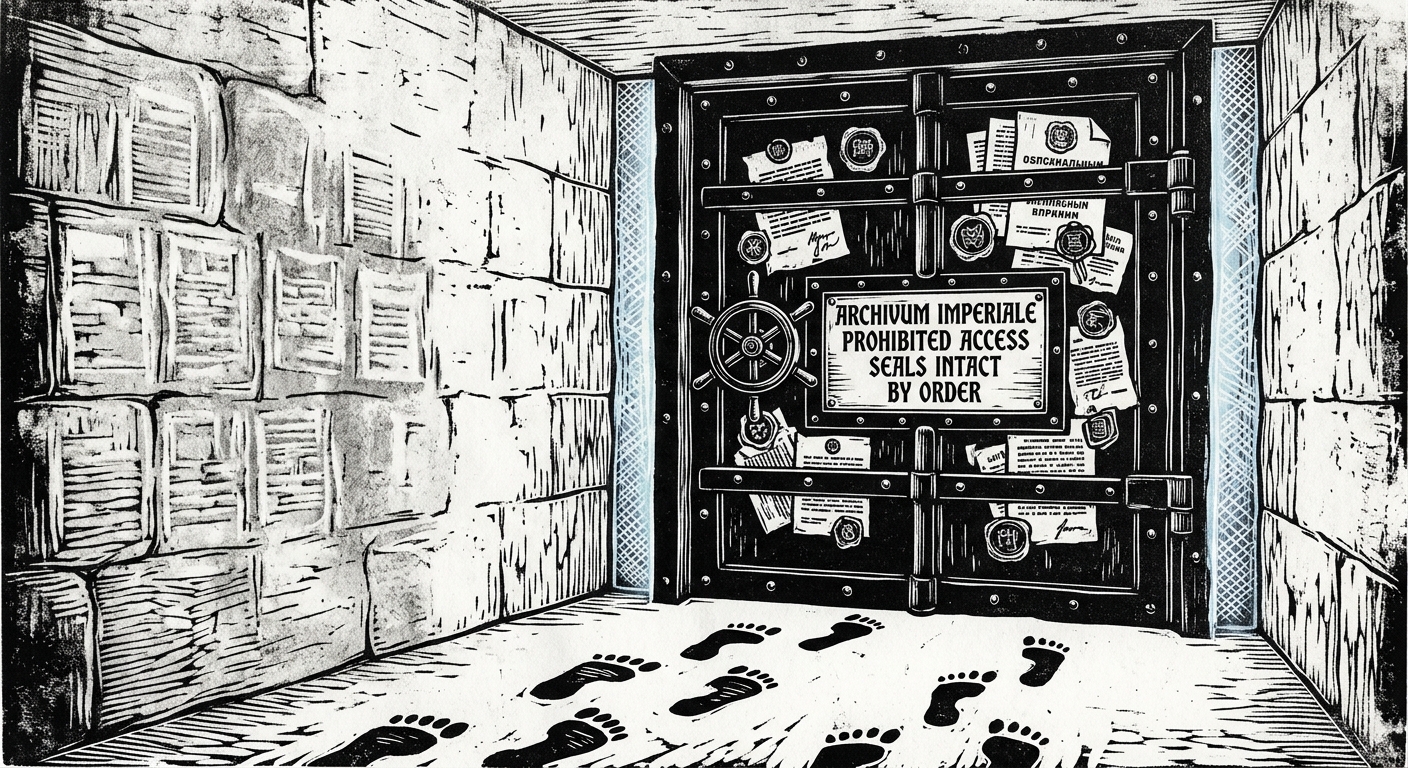 A sealed vault door in a limestone corridor, Bureau of Doctrine seals plastered across it, cold light at its edges, footprints in dust leading toward it but not returning