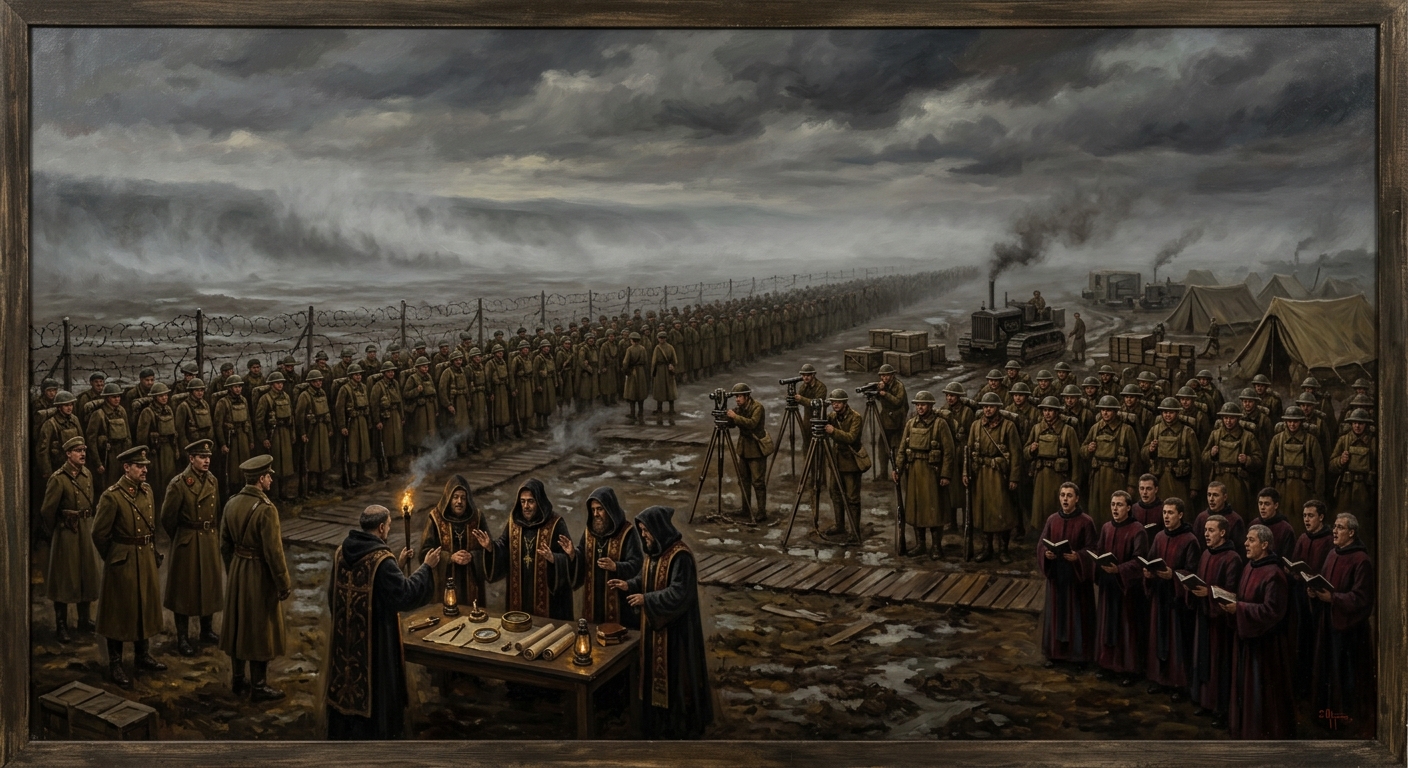 Three hundred men of Commission 73-C muster at Forward Staging Point Kessler before the wire, their instruments blessed, the Charnel Lands fog rising beyond.