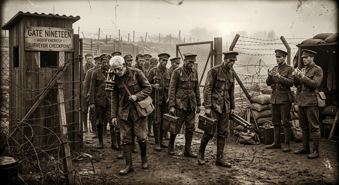Fourteen gaunt survivors of Commission 73-C stagger through Gate Nineteen, instruments still in hand, uniforms aged beyond measure.