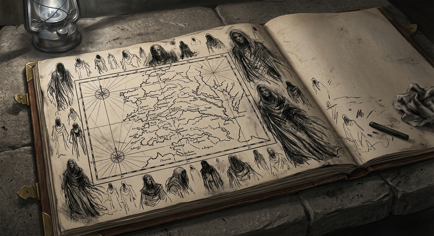 A cartographic folio from Commission 73-C, its survey margins filled with the same compulsive charcoal face — Syrion, the Languid Dreamer.