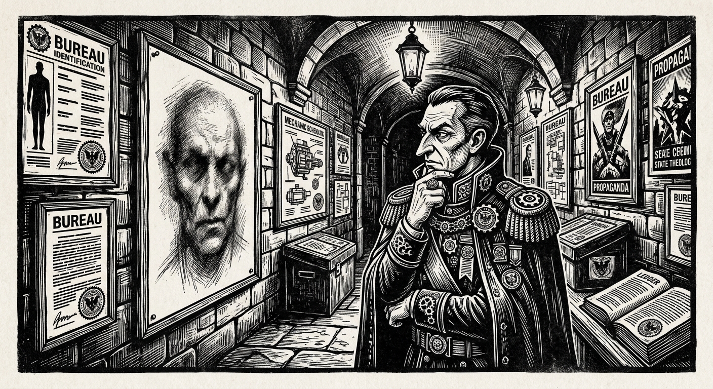 Hieromnemon Valerius Drax stands before the Bureau of Doctrine's composite reconstruction of Syrion in the sealed gallery at Strasbourg.