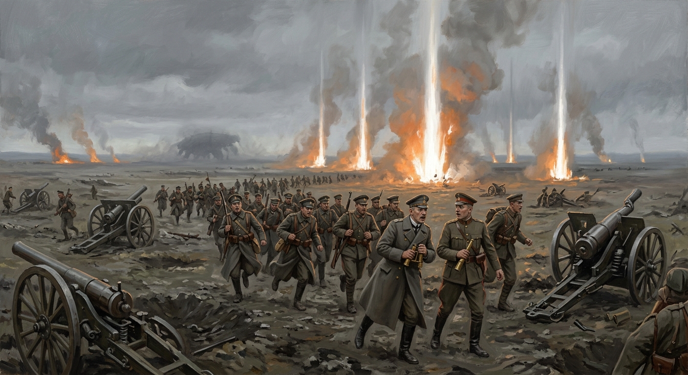 Rationalist Second Army divisions in formation as fire falls from a cloudless sky at the Battle of the Iron Plains