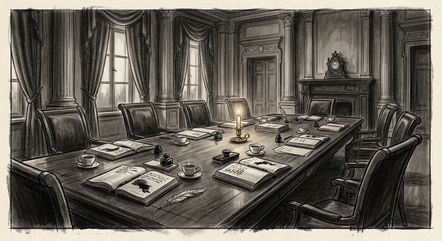 The empty Council of Nine chamber, nine chairs pushed back, ink still wet, one candle burning