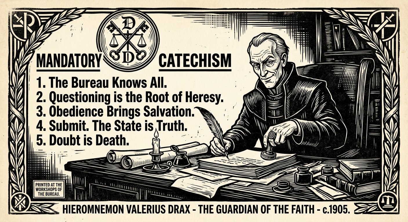 Drax at his writing desk composing the catechism text on the Collapse, Bureau of Doctrine seal behind him