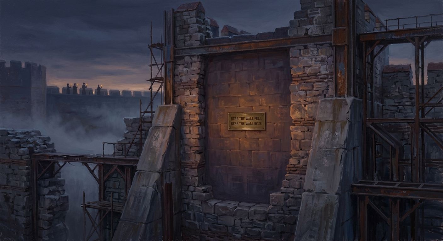 The sealed section of the Sixth Ravelin at twilight, warm amber light glowing from within the stone, pilgrims watching from the Fifth Ravelin parapet