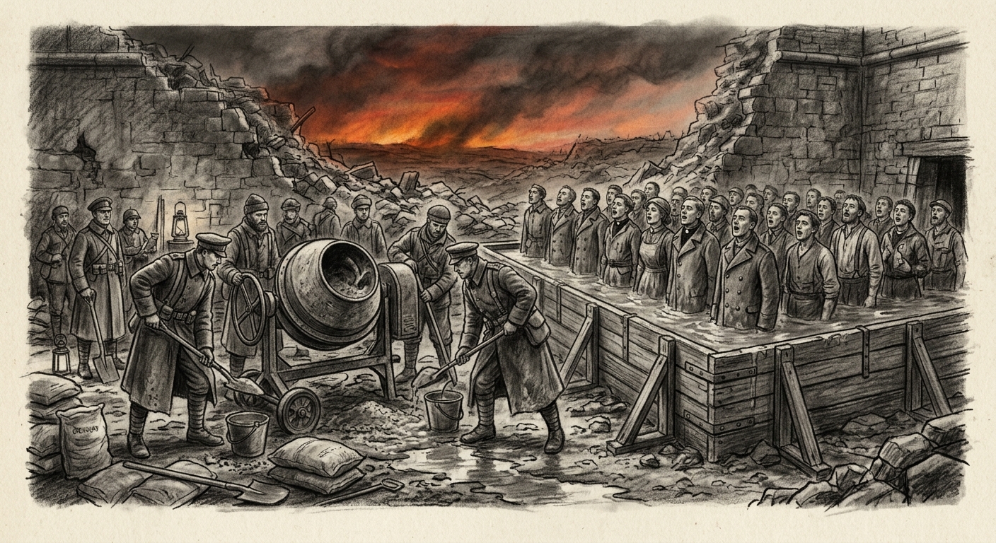 The forty-seven standing in rising cement inside the pour-frame, mouths open in the Antiphon, the forge-lit sky behind them