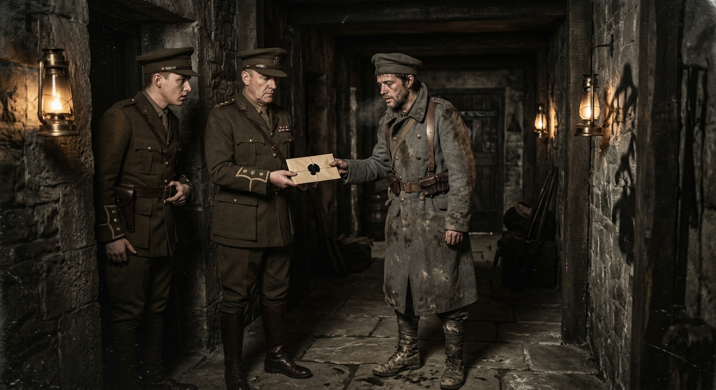 A grey-coated Index Damnatus Runner delivering a black-wax sealed Night Paper to garrison officers in a lantern-lit corridor