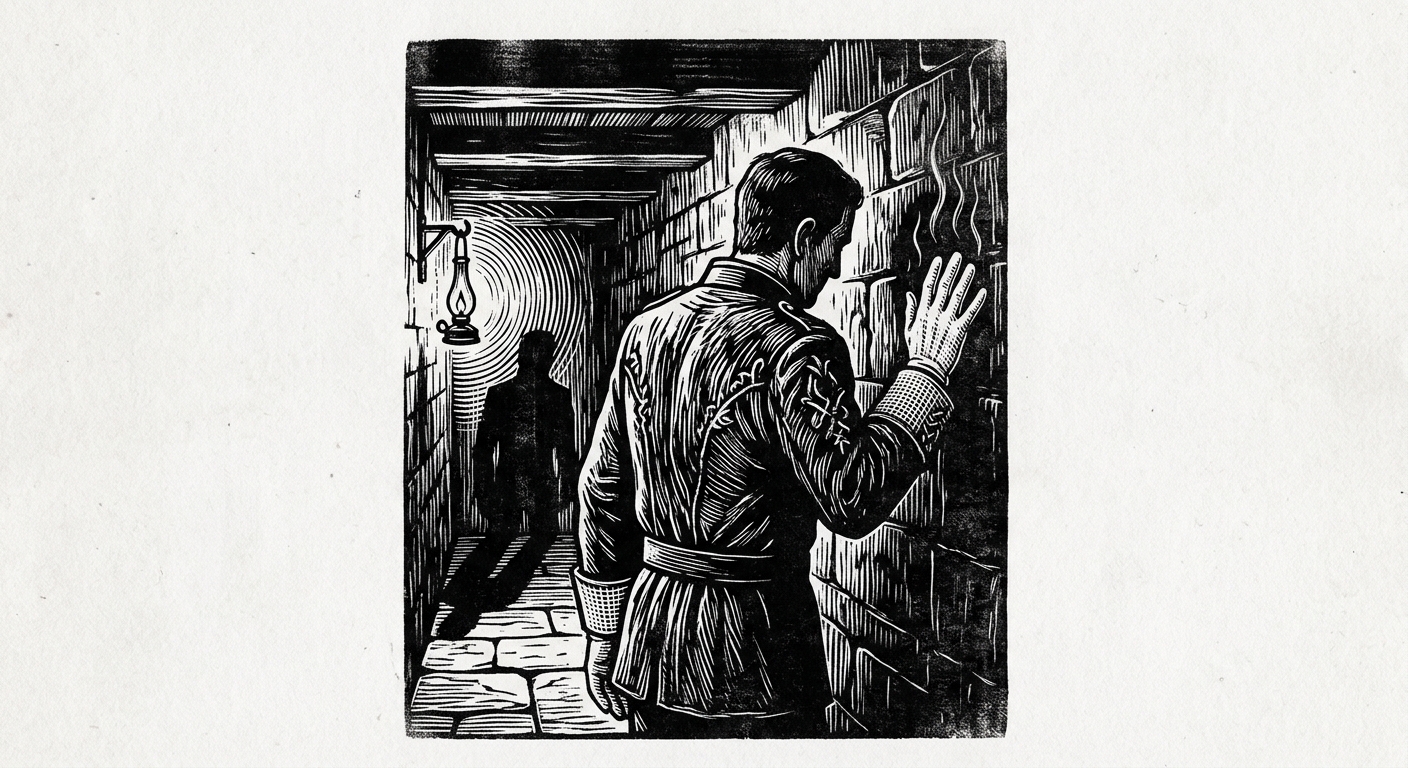 Drax in the maintenance gallery of Chamber 7, gloved hand pressed to the warm stone, a single lamp behind him