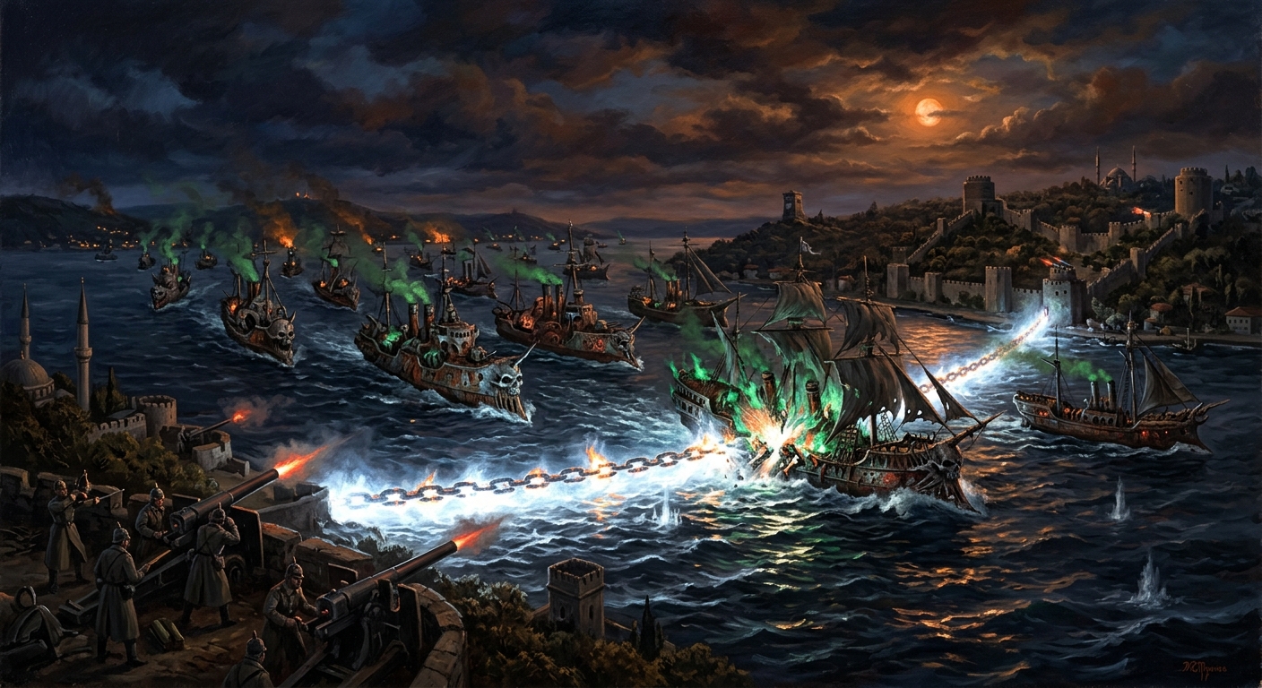 The Bosphorus at night during the Black Sea Armada engagement, the Chain of Saint Anakletos blazing white-hot as forty-seven demon ships enter the strait