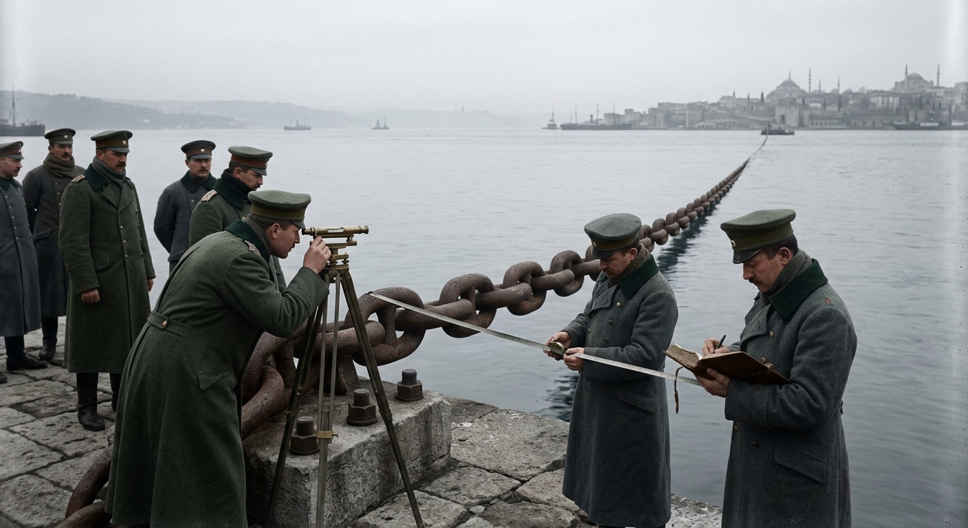 Bureau engineers examining the dormant Chain of Saint Anakletos at dawn after the battle