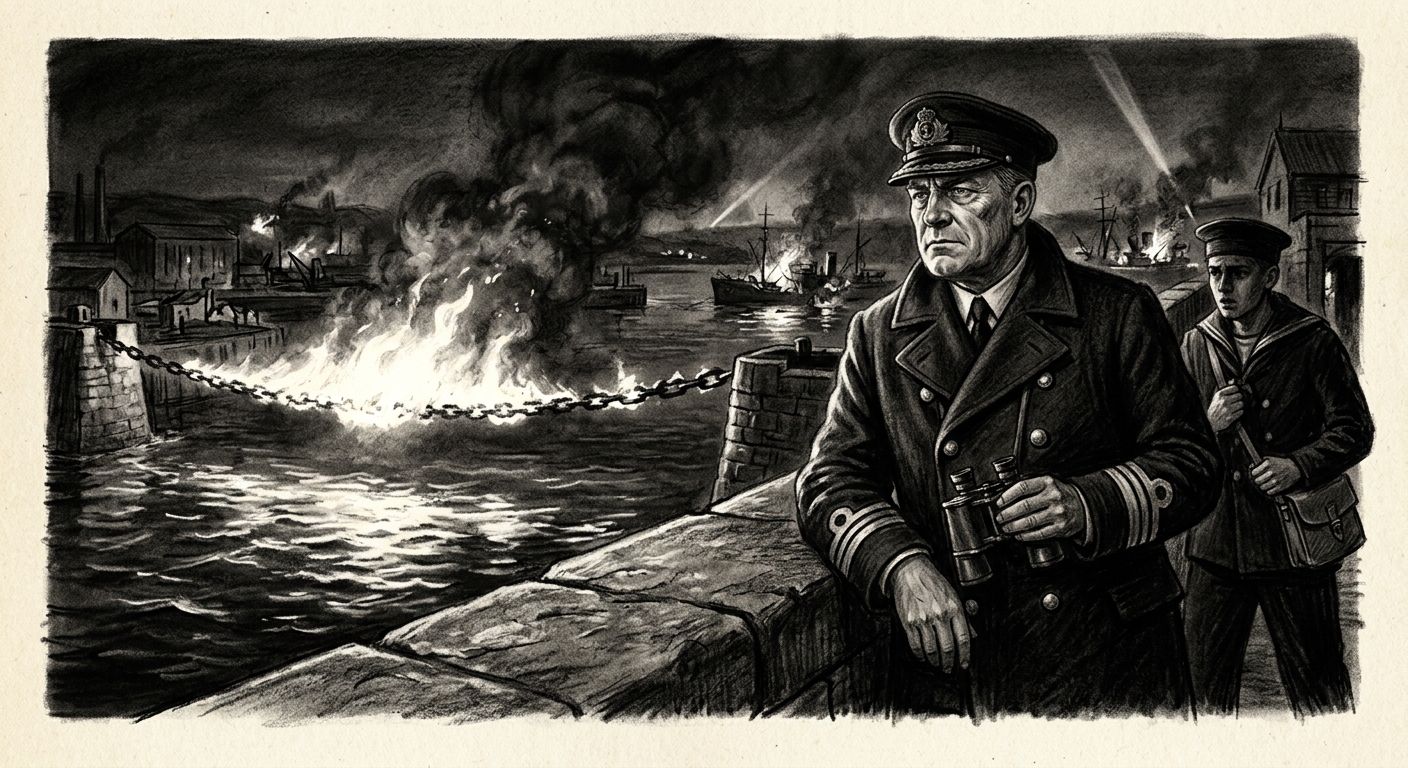 Praefect-Naval Cassius Tern watching the Chain burn from the harbour ramparts during the battle