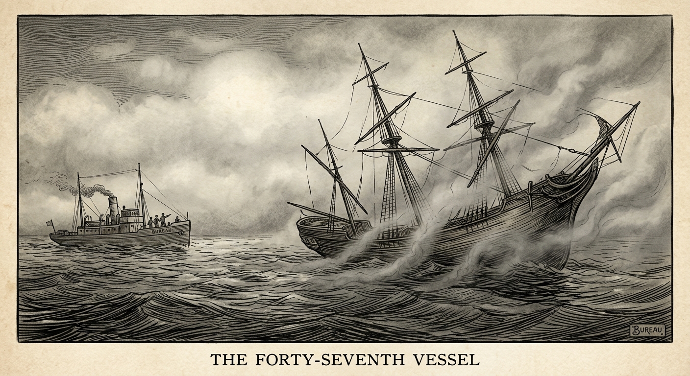 The forty-seventh ship drifting alone in open water, its silhouette wrong, disappearing into fog