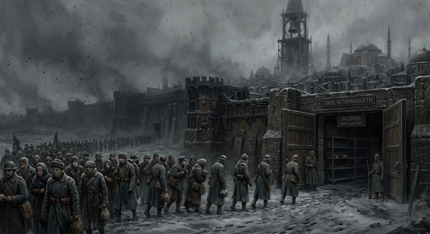 Constantinople under the ash-fall, empty ration doors open at the ninth bell, the queue shuffling forward through grey ash