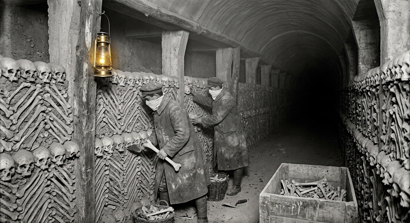 Bureau of Engineering workers laying bone courses into the Ash Gallery tunnel, skulls set facing outward in the new Ossuary Ring extension