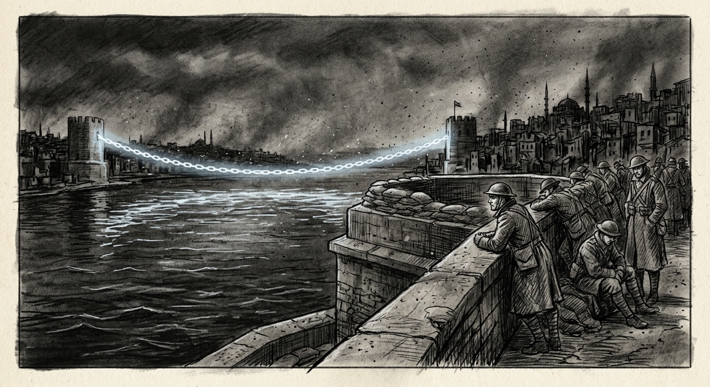 The Chain of Saint Anakletos glowing cold white across the Bosphorus at night, soldiers watching from the Ravelin of Vigilance